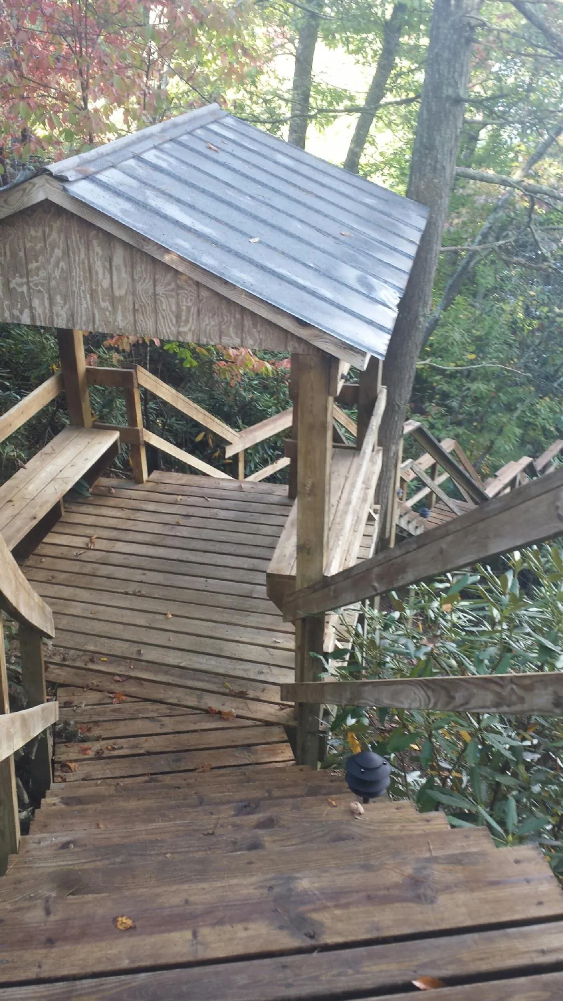 Metal roofed shelter over wooden steps on a wooded walkway — Skylight Repair & Installation work by our crew in Ruther Glen